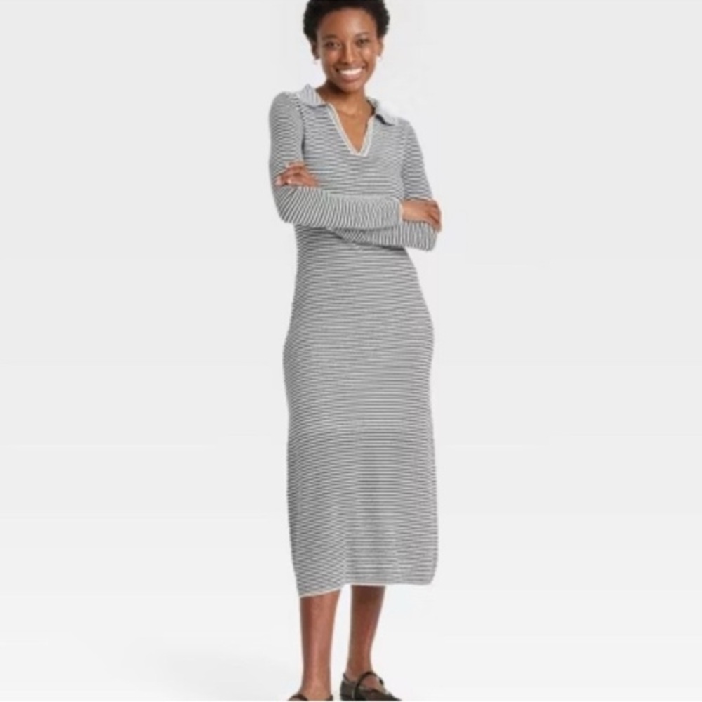 NWT A New Day Striped‎ Long-Sleeve Polo Midi Dress - Black & White